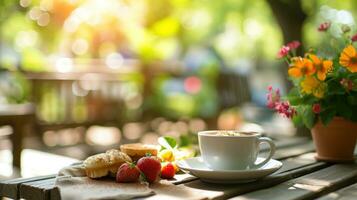 AI generated beautiful advertisment photo of summer breakfast in outdoor cafe with copy space