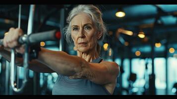 AI generated beautiful advertisment photo of old woman training in gym