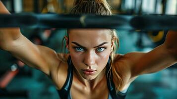 ai generado hermosa Anuncio foto de mujer formación en gimnasio