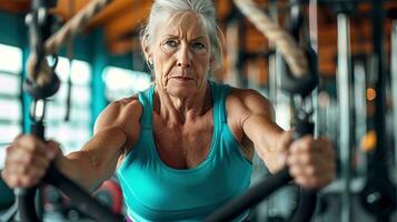 AI generated beautiful advertisment photo of old woman training in gym