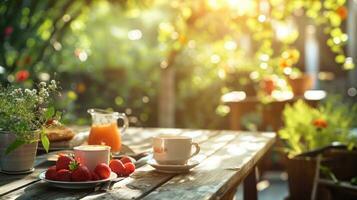 AI generated beautiful advertisment photo of summer breakfast in outdoor cafe with copy space