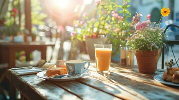 AI generated beautiful advertisment photo of summer breakfast in outdoor cafe with copy space