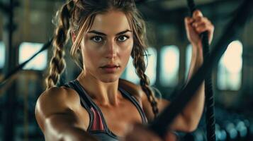 ai generado hermosa Anuncio foto de mujer formación en gimnasio