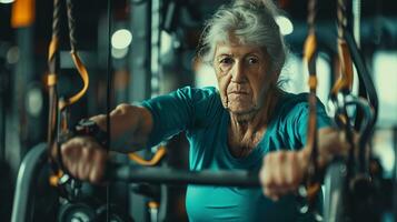 AI generated beautiful advertisment photo of old woman training in gym