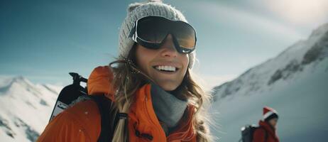 AI generated a woman smiling on a mountain slope with ski goggles on photo