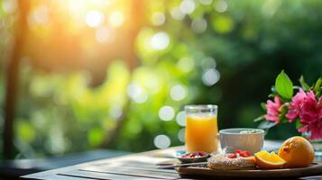 AI generated beautiful advertisment photo of summer breakfast in outdoor cafe with copy space