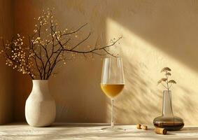 AI generated white wine and flute on table with emulsion background photo