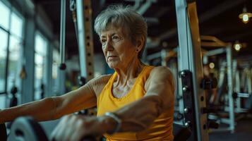 AI generated beautiful advertisment photo of old woman training in gym