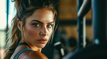 ai generado hermosa Anuncio foto de mujer formación en gimnasio