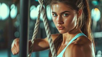 ai generado hermosa Anuncio foto de mujer formación en gimnasio