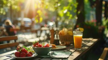 AI generated beautiful advertisment photo of summer breakfast in outdoor cafe with copy space
