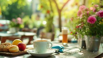 AI generated beautiful advertisment photo of summer breakfast in outdoor cafe with copy space