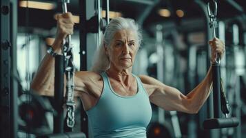 AI generated beautiful advertisment photo of old woman training in gym