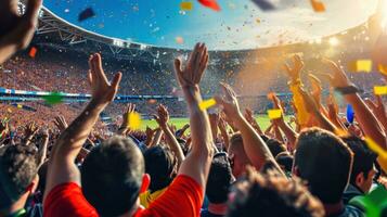 ai generado grande grupo de deporte ventilador en estadio foto