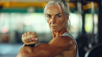 AI generated beautiful advertisment photo of old woman training in gym