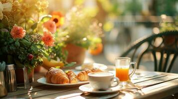 AI generated beautiful advertisment photo of summer breakfast in outdoor cafe with copy space