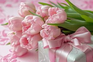 ai generado regalo cajas con rosado cinta atado alrededor rosado tulipanes en un rosado superficie foto