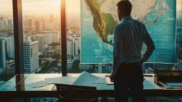 AI generated Suave entrepreneur strategizing in a high-rise office, mapping out international business ventures photo