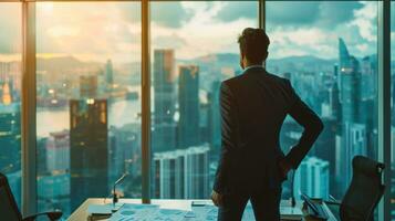 AI generated Suave entrepreneur strategizing in a high-rise office, mapping out international business ventures photo