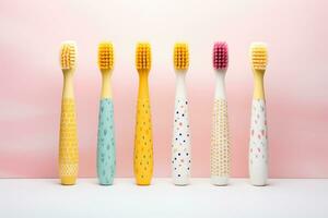 AI generated five toothbrushes on a bright yellow background photo