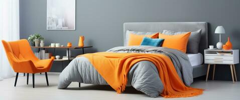 ai generado moderno dormitorio, vistoso cama, y naranja silla foto