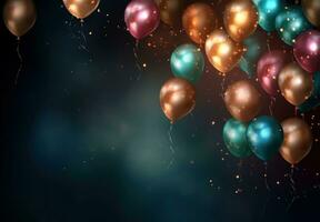 AI generated colorful balloons flying in the air on dark background, glittery and shiny, smokey background photo