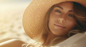 AI generated female beach girl wearing a hat and laying on the beach photo