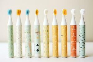 AI generated five toothbrushes on a bright yellow background photo