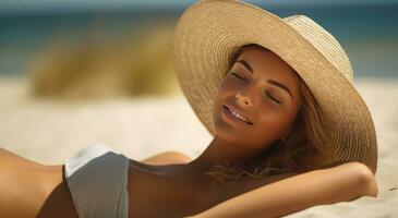 AI generated female beach girl wearing a hat and laying on the beach photo