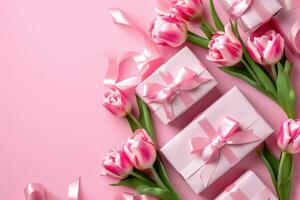 ai generado regalo cajas con rosado cinta atado alrededor rosado tulipanes en un rosado superficie foto