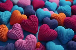 AI generated colorful hearts made of yarn on a blue background photo