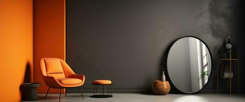 AI generated orange chair in front of oval mirror in small living room photo