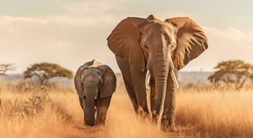 AI generated two elephants walk through an open field photo