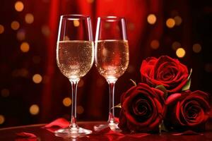 AI generated two wine glasses and a rose in front of a red background photo