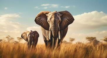 AI generated two small elephants standing together in the middle of a grassy area, photo