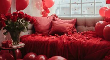 ai generado el cama es decorado con rojo globos y rojo rosas foto