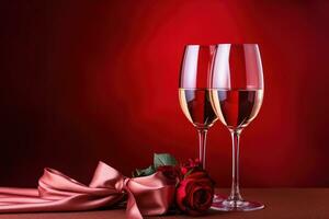AI generated two glasses of wine and a rose over wine red light photo