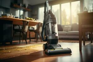 AI generated person vacuuming and cleaning a carpeting photo