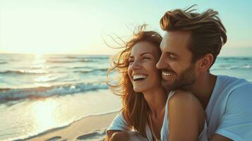 AI generated Smiling couple enjoying a peaceful beach day, sharing love and laughter photo