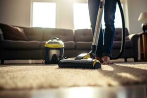 AI generated person vacuuming and cleaning a carpeting photo