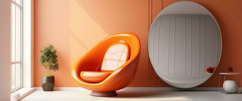 AI generated orange chair in front of oval mirror in small living room photo