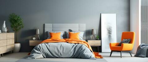 AI generated modern bedroom, colorful bed, and orange chair photo