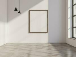 AI generated white wooden frame hanging from the wall of an empty room photo