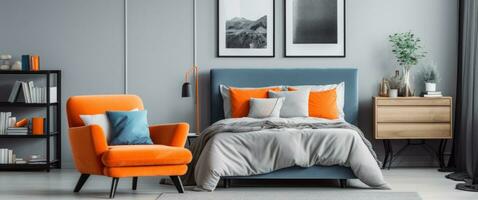 AI generated modern bedroom, colorful bed, and orange chair photo