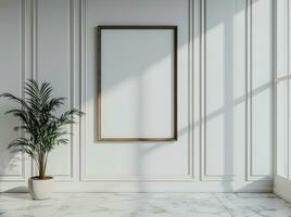 AI generated white wooden frame hanging from the wall of an empty room photo