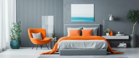 AI generated modern bedroom, colorful bed, and orange chair photo