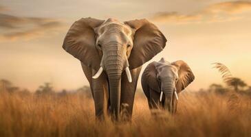 AI generated two small elephants standing together in the middle of a grassy area, photo