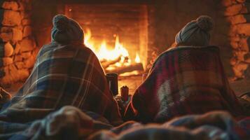 AI generated Happy pair wrapped in blankets, sipping cocoa by a warm fireplace photo