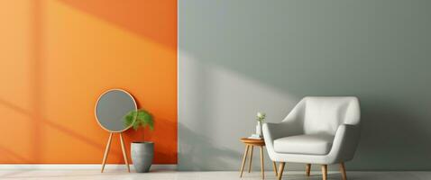 AI generated small living room with orange chair in front of wall photo