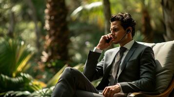 AI generated Suave executive takes a call, seamlessly merging business with outdoor sophistication photo